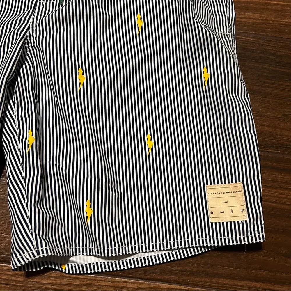 Five Four Mark McNairy Swim Trunks Medium Black White Stripes Lightning Bolts‎